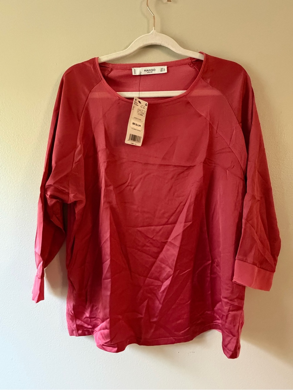 Mango- Satin Long-Sleeve Top in Rose Red